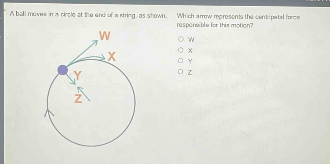a ball moves in a circle at the end of a string, as shown. which arrow represents the centripetal force responsible for this motion? o w o x o y o z