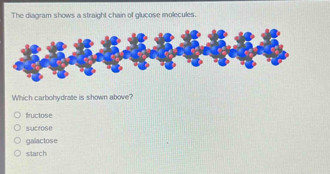 the diagram shows a straight chain of glucose molecules. which carbohydrate is shown above?\n○ fructose\n○ sucrose\n○ galactose\n○ starch