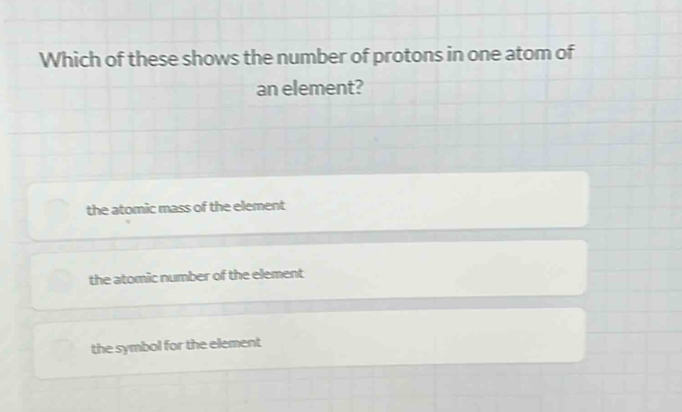 which of these shows the number of protons in one atom of an element?\nthe atomic mass of the element\nthe atomic number of the element\nthe symbol for the element