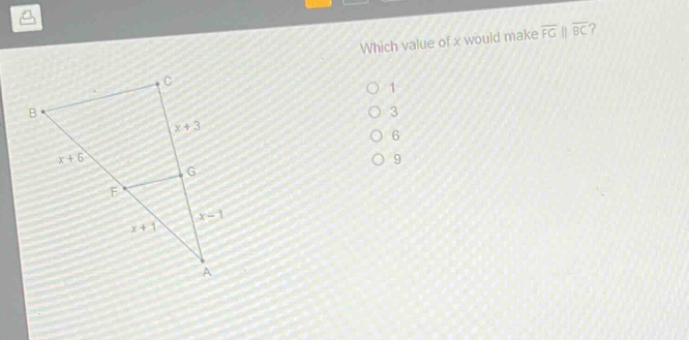 which value of x would make (overline{fg}paralleloverline{bc})?\n1\n3\n6\n9