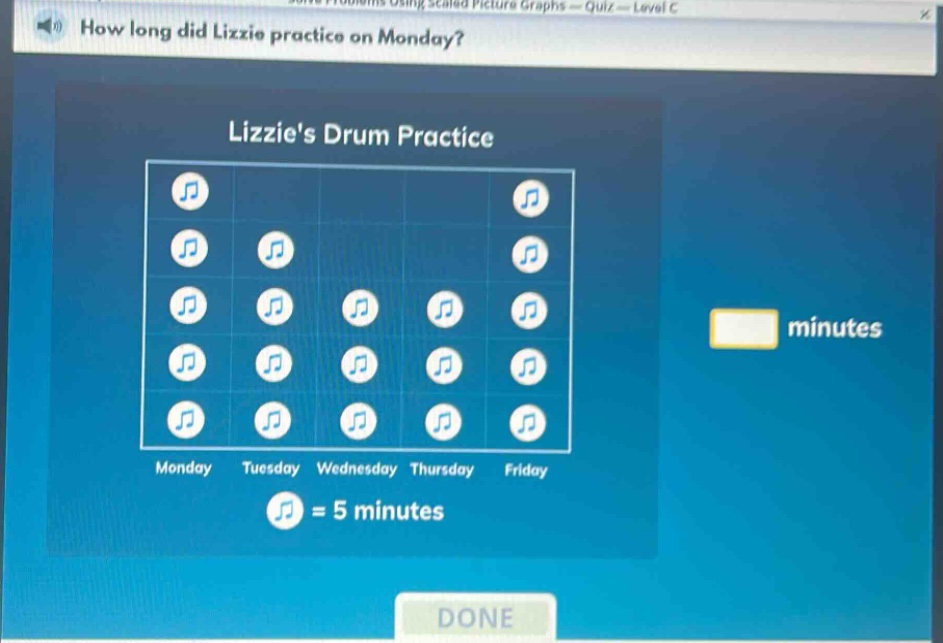 how long did lizzie practice on monday? lizzies drum practice monday tuesday wednesday thursday friday = 5 minutes