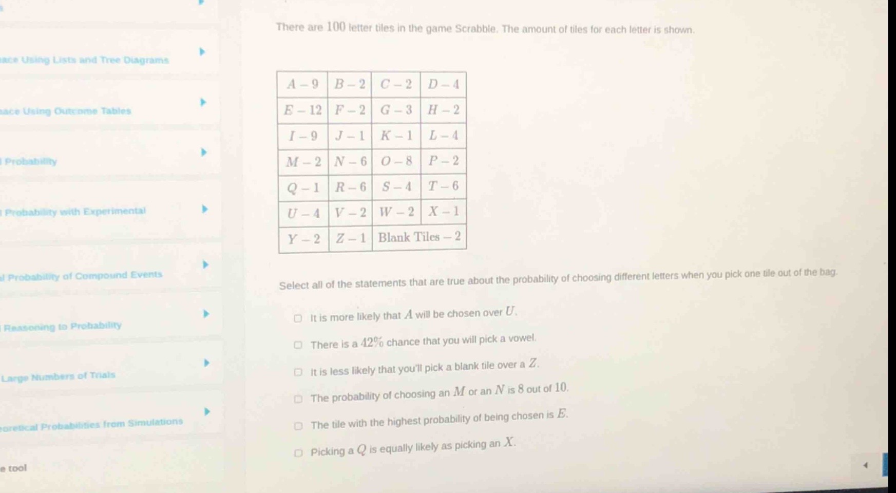 there are 100 letter tiles in the game scrabble. the amount of tiles for each letter is shown.\na - 9 b - 2 c - 2 d - 4\ne - 12 f - 2 g - 3 h - 2\ni - 9 j - 1 k - 1 l - 4\nm - 2 n - 6 o - 8 p - 2\nq - 1 r - 6 s - 4 t - 6\nu - 4 v - 2 w - 2 x - 1\ny - 2 z - 1 blank tiles - 2\nselect all of the statements that are true about the probability of choosing different letters when you pick one tile out of the bag.\n□ it is more likely that a will be chosen over u.\n□ there is a 42% chance that you will pick a vowel.\n□ it is less likely that youll pick a blank tile over a z.\n□ the probability of choosing an m or an n is 8 out of 10.\n□ the tile with the highest probability of being chosen is e.\n□ picking a q is equally likely as picking an x.