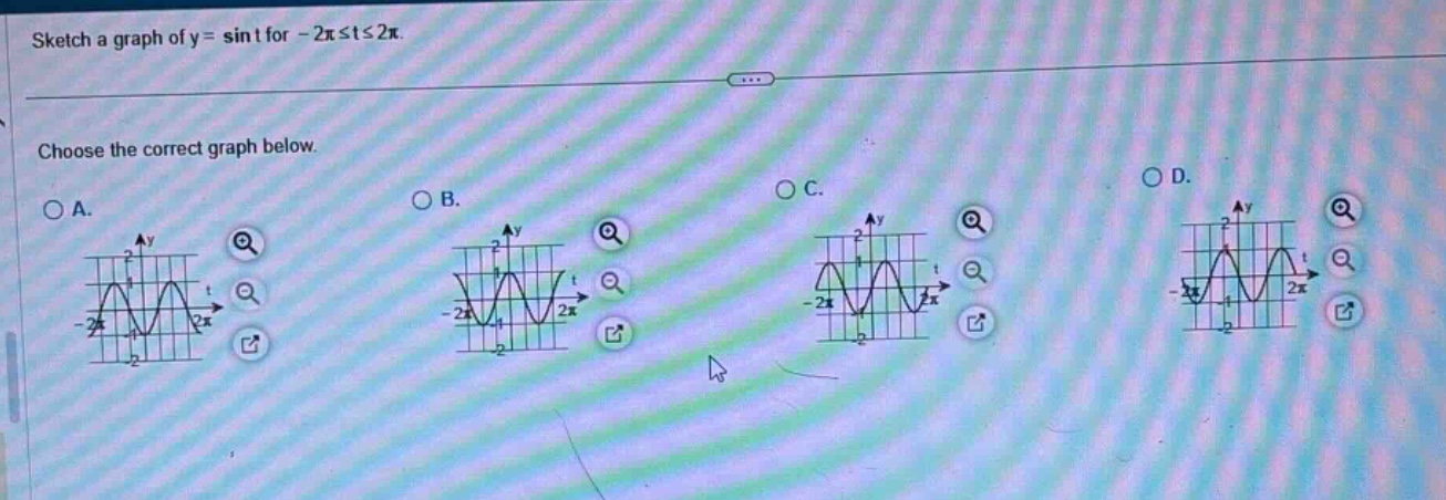 sketch a graph of y = sin t for - 2π≤t≤2π. choose the correct graph below.