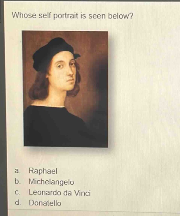 whose self - portrait is seen below?\na. raphael\nb. michelangelo\nc. leonardo da vinci\nd. donatello