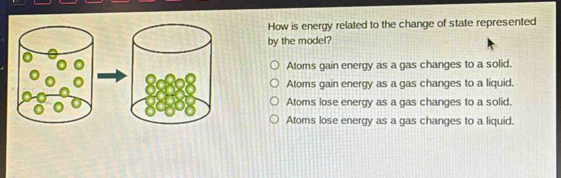 how is energy related to the change of state represented by the model?\natoms gain energy as a gas changes to a solid.\natoms gain energy as a gas changes to a liquid.\natoms lose energy as a gas changes to a solid.\natoms lose energy as a gas changes to a liquid.