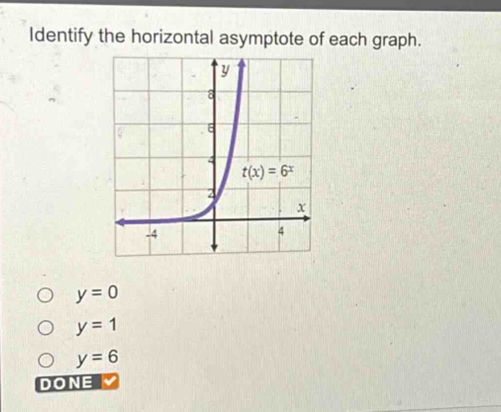 identify the horizontal asymptote of each graph.\n\no y = 0\no y = 1\no y = 6\ndone