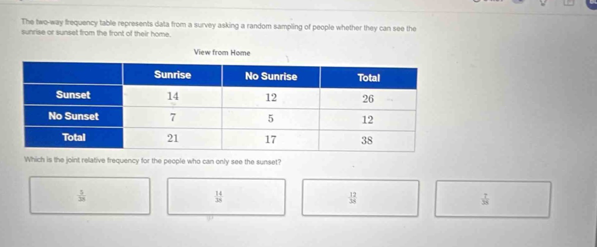 the two - way frequency table represents data from a survey asking a random sampling of people whether they can see the sunrise or sunset from the front of their home.\nview from home\n| |sunrise|no sunrise|total|\n|--|--|--|--|\n|sunset|14|12|26|\n|no sunset|7|5|12|\n|total|21|17|38|\nwhich is the joint relative frequency for the people who can only see the sunset?