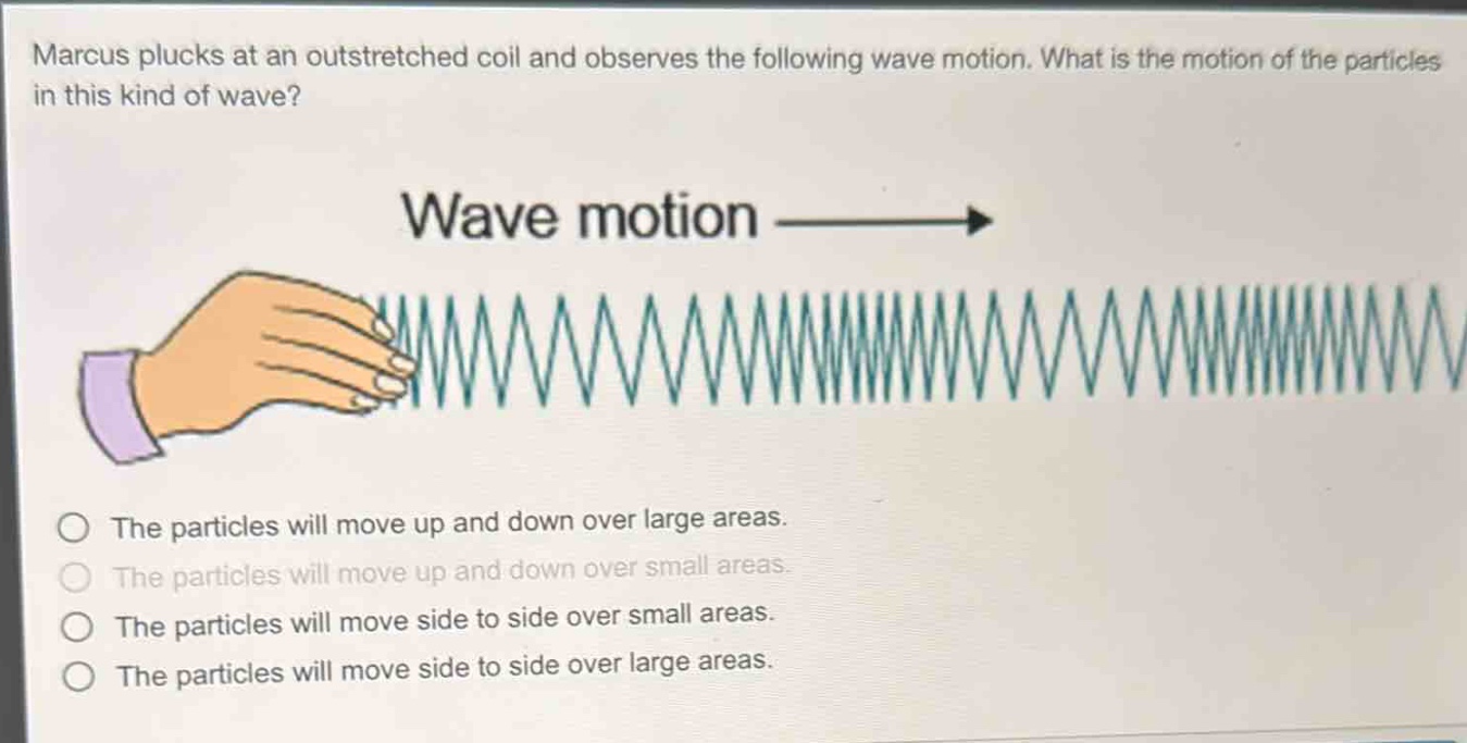 marcus plucks at an outstretched coil and observes the following wave motion. what is the motion of the particles in this kind of wave? wave motion\nthe particles will move up and down over large areas.\nthe particles will move up and down over small areas.\nthe particles will move side to side over small areas.\nthe particles will move side to side over large areas.