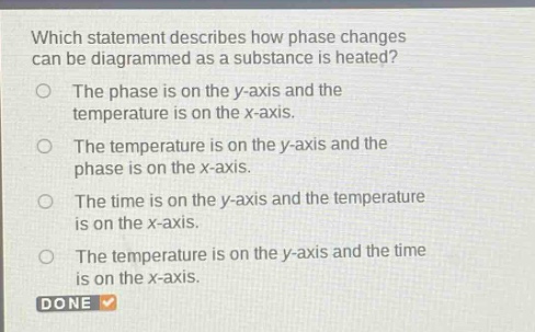 which statement describes how phase changes can be diagrammed as a substance is heated?\nthe phase is on the y - axis and the temperature is on the x - axis.\nthe temperature is on the y - axis and the phase is on the x - axis.\nthe time is on the y - axis and the temperature is on the x - axis.\nthe temperature is on the y - axis and the time is on the x - axis.\ndone