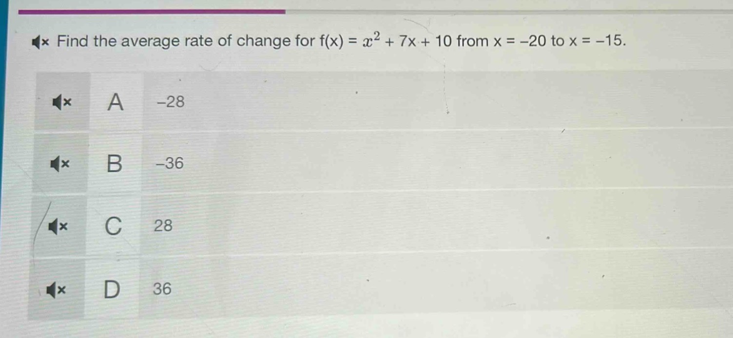 find the average rate of change for f(x) = x² + 7x + 10 from x = -20 to x = -15.\na -28\nb -36\nc 28\nd 36
