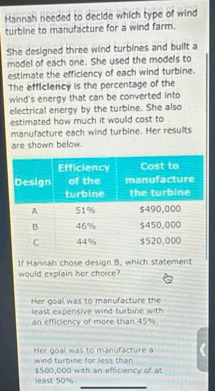 hannah needed to decide which type of wind turbine to manufacture for a wind farm. she designed three wind turbines and built a model of each one. she used the models to estimate the efficiency of each wind turbine. the efficiency is the percentage of the winds energy that can be converted into electrical energy by the turbine. she also estimated how much it would cost to manufacture each wind turbine. her results are shown below.\n| design | efficiency of the turbine | cost to manufacture the turbine |\n| ---- | ---- | ---- |\n| a | 51% | $490,000 |\n| b | 46% | $450,000 |\n| c | 44% | $520,000 |\nif hannah chose design b, which statement would explain her choice?\nher goal was to manufacture the least expensive wind turbine with an efficiency of more than 45%.\nher goal was to manufacture a wind turbine for less than $500,000 with an efficiency of at least 50%.