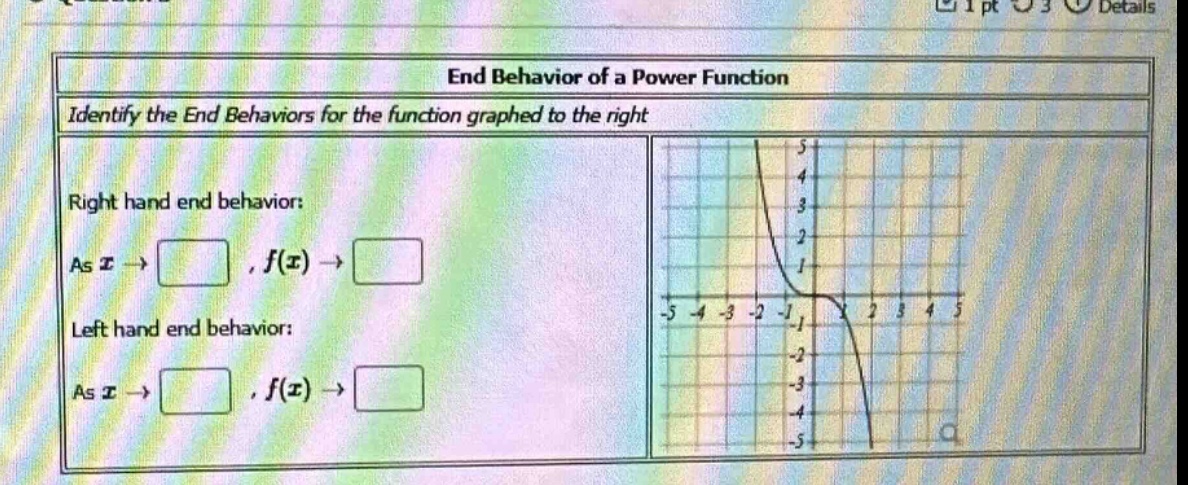 end behavior of a power function\nidentify the end behaviors for the function graphed to the right\nright hand end behavior:\nas (x\rightarrowsquare,f(x)\rightarrowsquare)\nleft hand end behavior:\nas (x\rightarrowsquare,f(x)\rightarrowsquare)