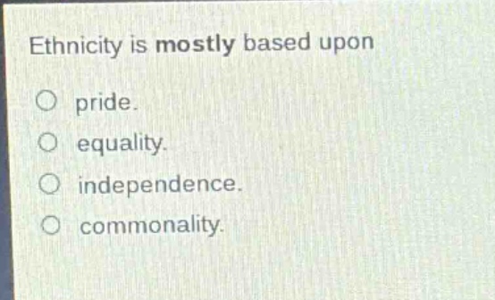 ethnicity is mostly based upon\no pride.\no equality.\no independence.\no commonality.