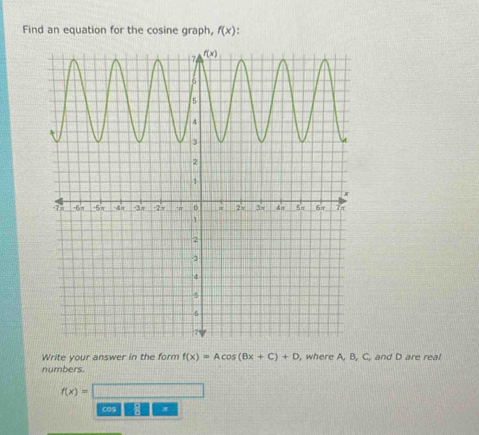 find an equation for the cosine graph, f(x):\nwrite your answer in the form f(x) = acos(bx + c) + d, where a, b, c, and d are real numbers.\nf(x) =