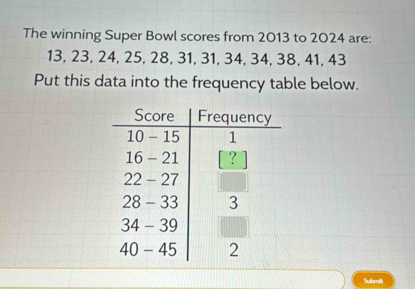 the winning super bowl scores from 2013 to 2024 are: 13, 23, 24, 25, 28, 31, 31, 34, 34, 38, 41, 43. put this data into the frequency table below.\nscore | frequency\n10 - 15 | 1\n16 - 21 |?\n22 - 27 | \n28 - 33 | 3\n34 - 39 | \n40 - 45 | 2