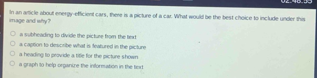 in an article about energy - efficient cars, there is a picture of a car. what would be the best choice to include under this image and why?\n○ a subheading to divide the picture from the text\n○ a caption to describe what is featured in the picture\n○ a heading to provide a title for the picture shown\n○ a graph to help organize the information in the text