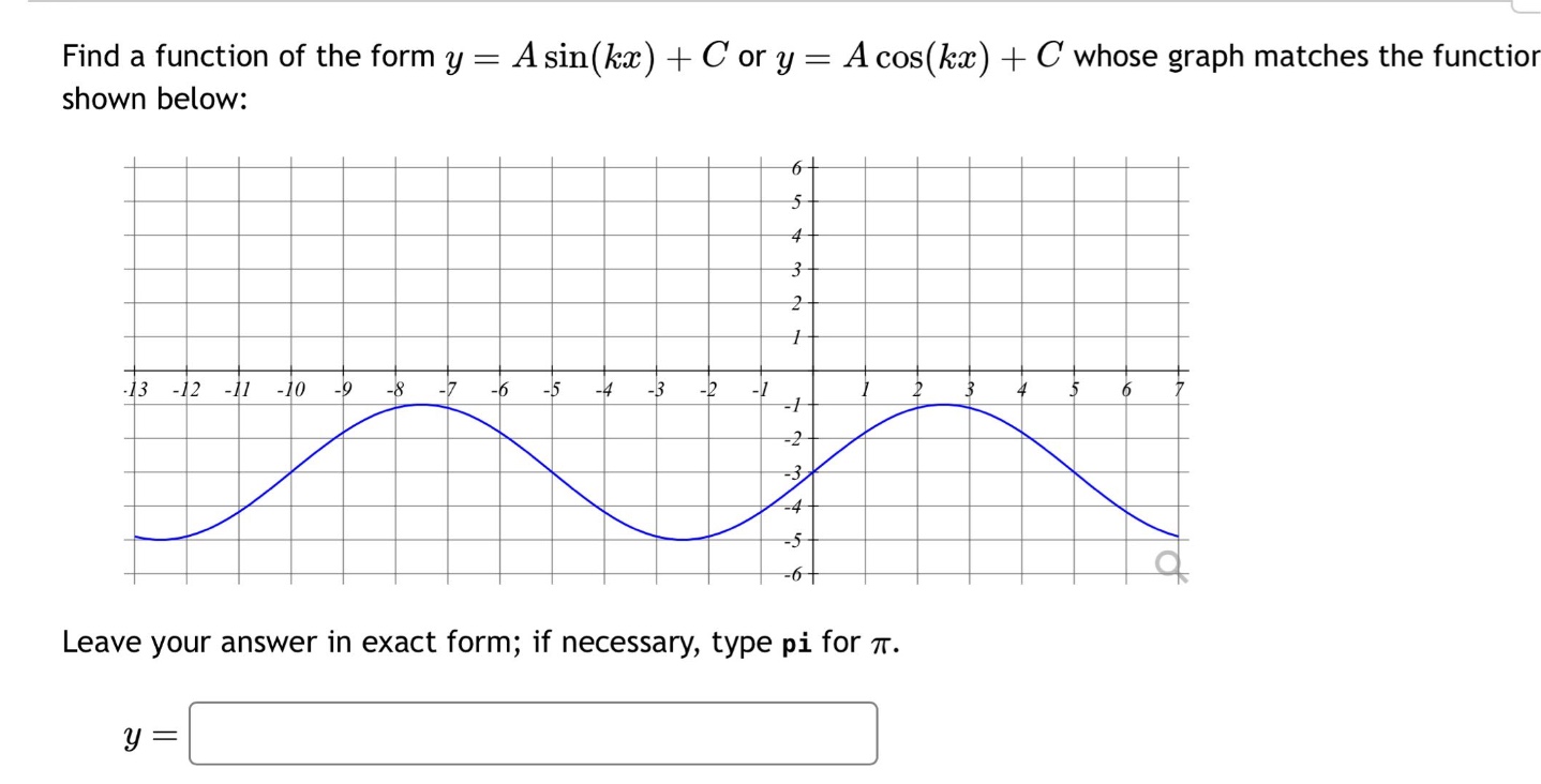 find a function of the form $y = asin(kx)+c$ or $y = acos(kx)+c$ whose graph matches the function shown below:\nleave your answer in exact form; if necessary, type pi for $pi$.\n$y = $