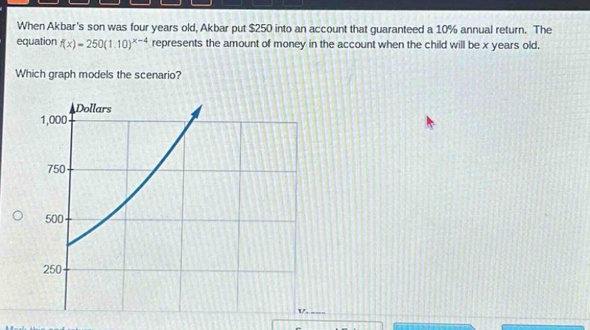 when akbars son was four years old, akbar put $250 into an account that guaranteed a 10% annual return. the equation $f(x)=250(1.10)^{x - 4}$ represents the amount of money in the account when the child will be x years old. which graph models the scenario?