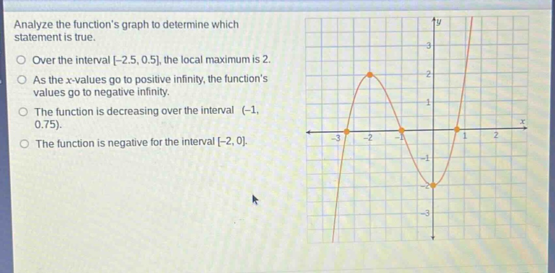 analyze the functions graph to determine which statement is true.\nover the interval -2.5, 0.5, the local maximum is 2.\nas the x - values go to positive infinity, the functions values go to negative infinity.\nthe function is decreasing over the interval (-1, 0.75).\nthe function is negative for the interval -2, 0.