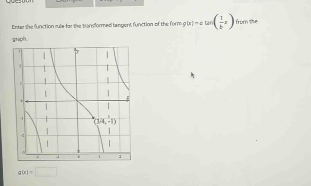 enter the function rule for the transformed tangent function of the form $g(x)=a\tan(\frac{1}{b}x)$ from the graph.\n$g(x)=$
