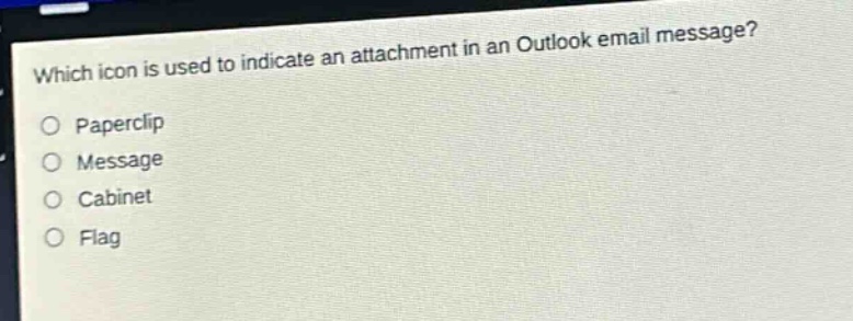 which icon is used to indicate an attachment in an outlook email message?\no paperclip\no message\no cabinet\no flag
