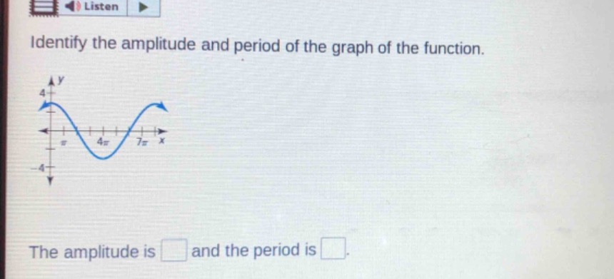 identify the amplitude and period of the graph of the function. the amplitude is and the period is.