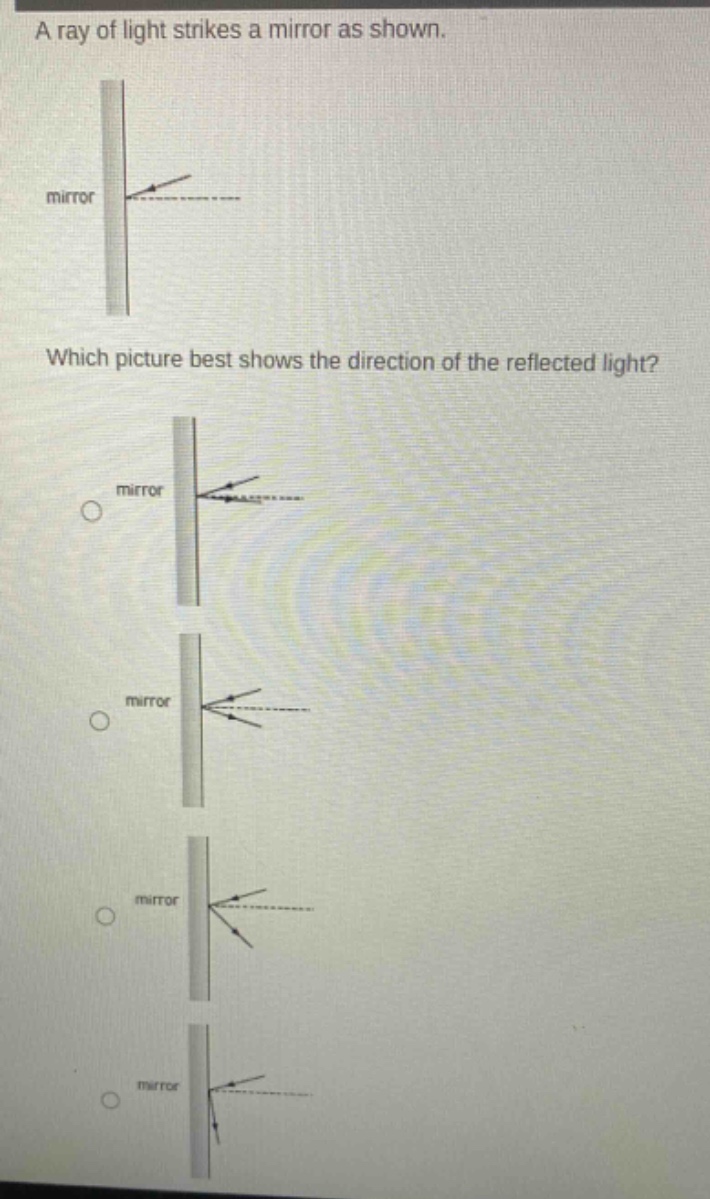 a ray of light strikes a mirror as shown. which picture best shows the direction of the reflected light?