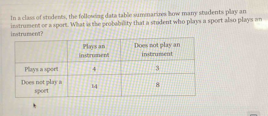 in a class of students, the following data table summarizes how many students play an instrument or a sport. what is the probability that a student who plays a sport also plays an instrument?\n| |plays an instrument|does not play an instrument|\n|--|--|--|\n|plays a sport|4|3|\n|does not play a sport|14|8|