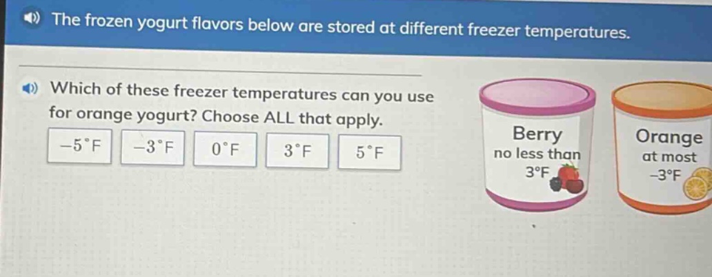 the frozen yogurt flavors below are stored at different freezer temperatures. which of these freezer temperatures can you use for orange yogurt? choose all that apply. -5°f -3°f 0°f 3°f 5°f berry no less than 3°f orange at most -3°f
