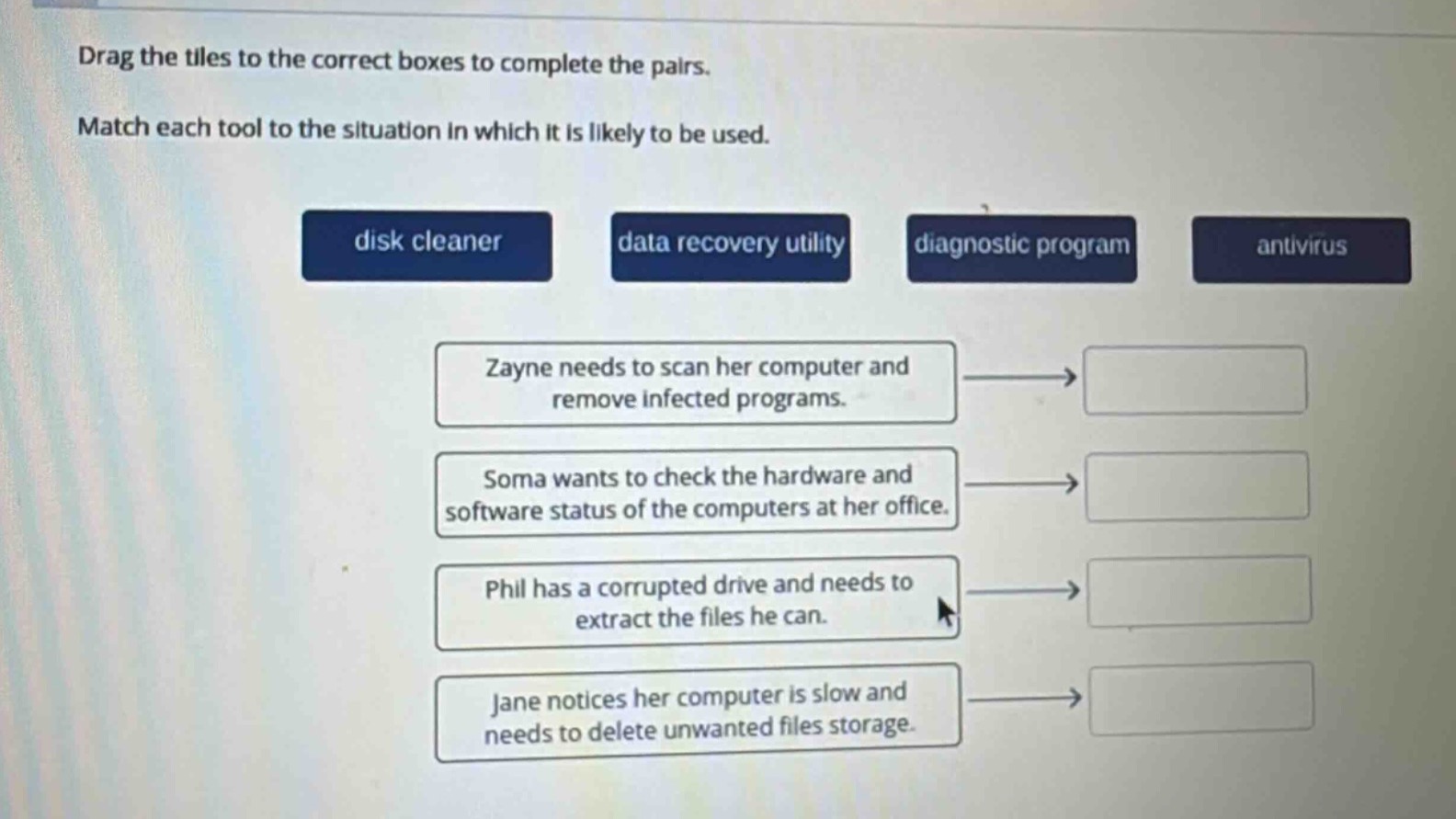 drag the tiles to the correct boxes to complete the pairs. match each tool to the situation in which it is likely to be used. disk cleaner data recovery utility diagnostic program antivirus zayne needs to scan her computer and remove infected programs. soma wants to check the hardware and software status of the computers at her office. phil has a corrupted drive and needs to extract the files he can. jane notices her computer is slow and needs to delete unwanted files storage.