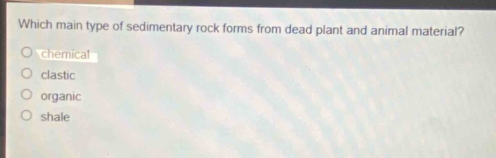 which main type of sedimentary rock forms from dead plant and animal material?\nchemical\nclastic\norganic\nshale