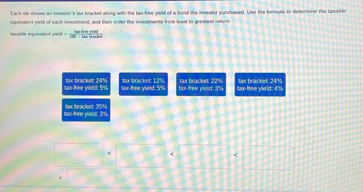 each tile shows an investors tax bracket along with the tax - free yield of a bond the investor purchased. use the formula to determine the taxable equivalent yield of each investment, and then order the investments from least to greatest return.\ntaxable equivalent yield = \\frac{tax - free yield}{100 - tax bracket}\ntax bracket: 24% tax - free yield: 5%\ntax bracket: 12% tax - free yield: 5%\ntax bracket: 22% tax - free yield: 3%\ntax bracket: 24% tax - free yield: 4%\ntax bracket: 35% tax - free yield: 3%