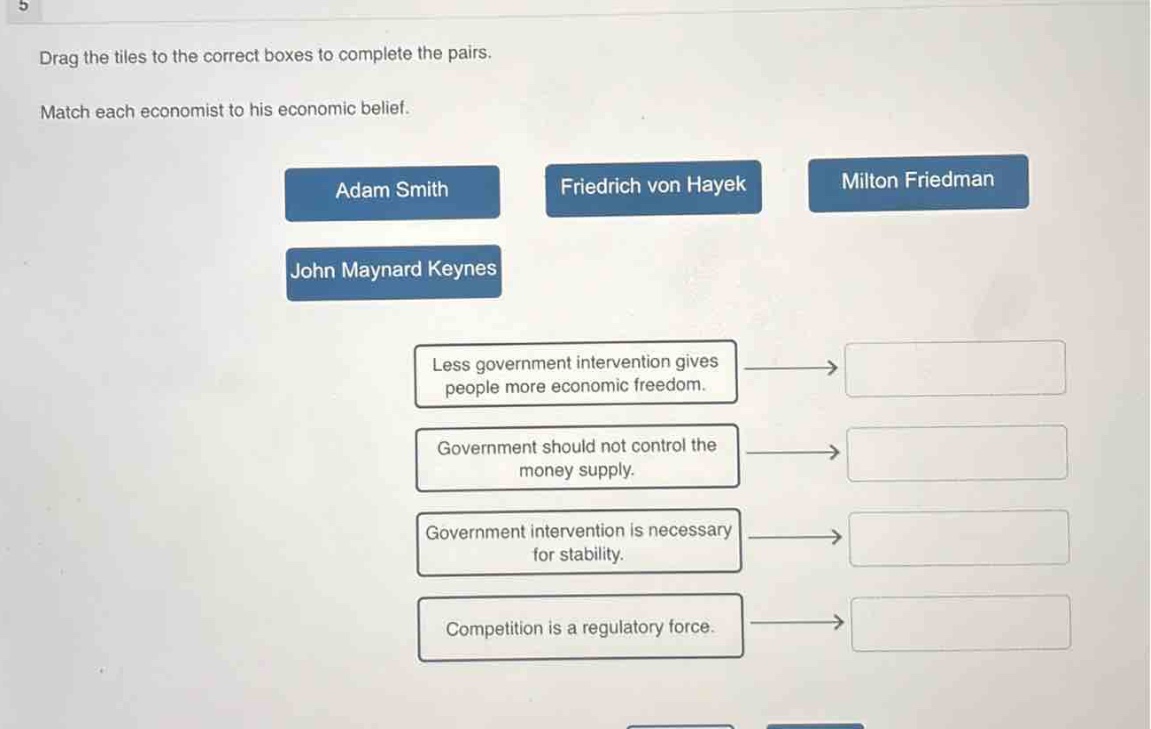 drag the tiles to the correct boxes to complete the pairs. match each economist to his economic belief. adam smith friedrich von hayek milton friedman john maynard keynes less government intervention gives people more economic freedom. government should not control the money supply. government intervention is necessary for stability. competition is a regulatory force.