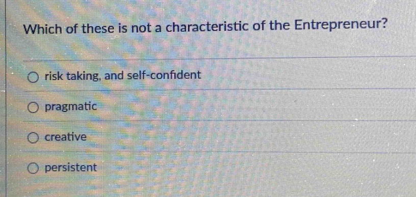 which of these is not a characteristic of the entrepreneur?\n○ risk taking, and self - confident\n○ pragmatic\n○ creative\n○ persistent