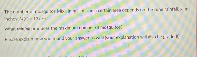 the number of mosquitoes m(x), in millions, in a certain area depends on the june rainfall, x, in inches: $m(x)=13x - x^{2}$. what rainfall produces the maximum number of mosquitoes? please explain how you found your answer as well (your explanation will also be graded!)