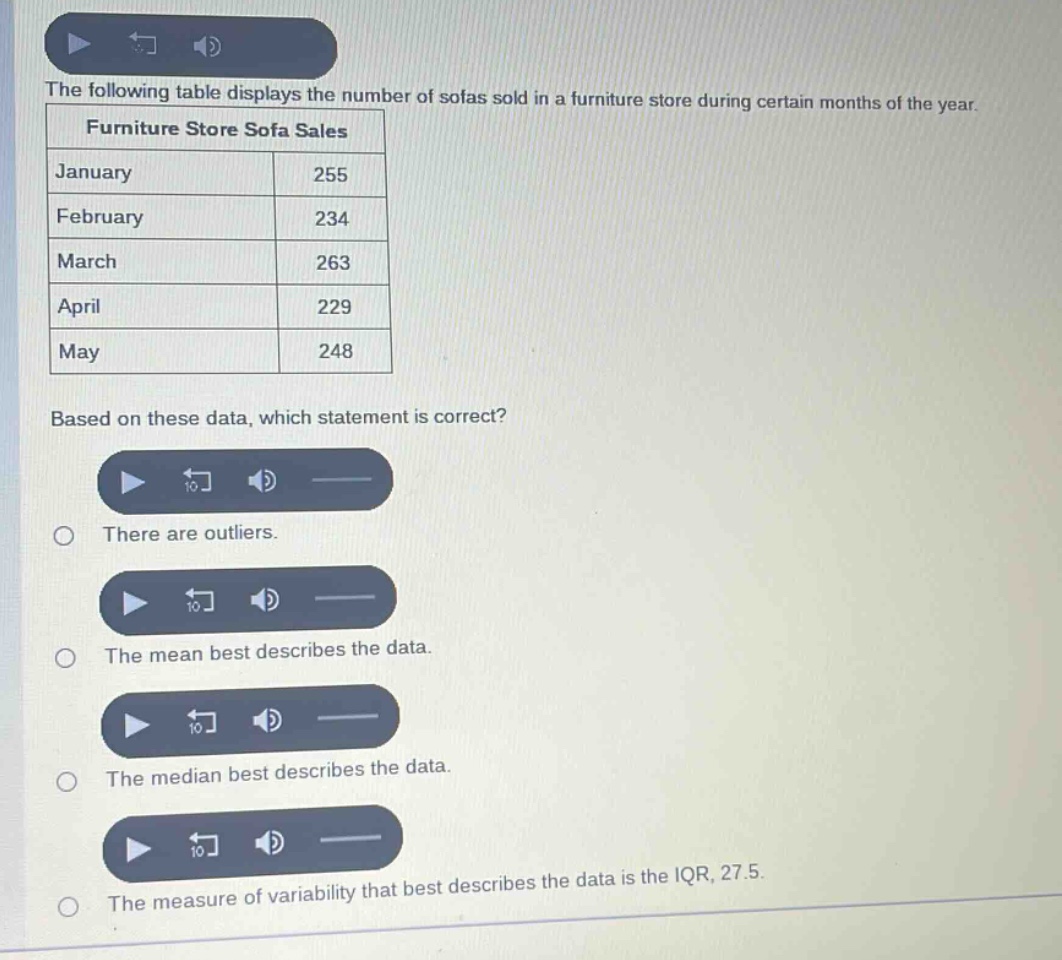 the following table displays the number of sofas sold in a furniture store during certain months of the year.\nfurniture store sofa sales\njanuary 255\nfebruary 234\nmarch 263\napril 229\nmay 248\nbased on these data, which statement is correct?\nthere are outliers.\nthe mean best describes the data.\nthe median best describes the data.\nthe measure of variability that best describes the data is the iqr, 27.5.