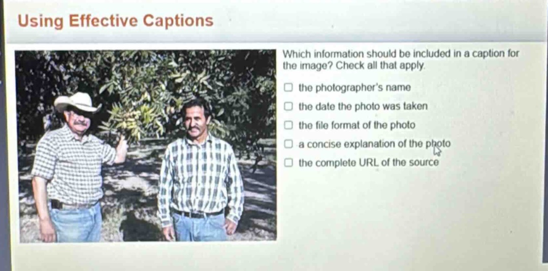 using effective captions\nwhich information should be included in a caption for the image? check all that apply.\n□ the photographers name\n□ the date the photo was taken\n□ the file format of the photo\n□ a concise explanation of the photo\n□ the complete url of the source