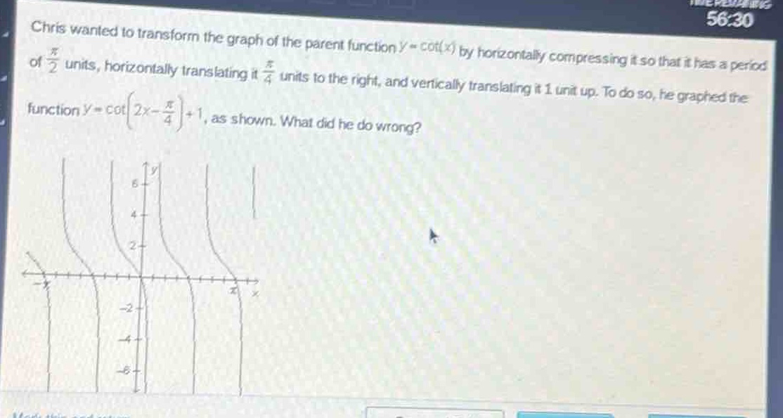 chris wanted to transform the graph of the parent function (y = cot(x)) by horizontally compressing it so that it has a period of (\frac{pi}{2}) units, horizontally translating it (\frac{pi}{4}) units to the right, and vertically translating it 1 unit up. to do so, he graphed the function (y=cot(2x - \frac{pi}{4})+1), as shown. what did he do wrong?