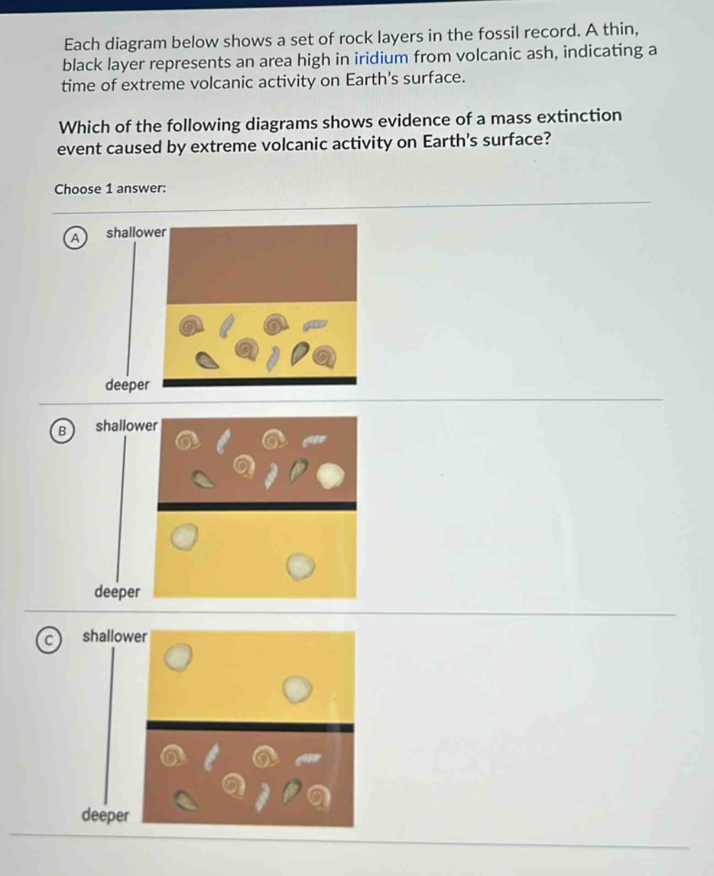 each diagram below shows a set of rock layers in the fossil record. a thin, black layer represents an area high in iridium from volcanic ash, indicating a time of extreme volcanic activity on earth’s surface. which of the following diagrams shows evidence of a mass extinction event caused by extreme volcanic activity on earth’s surface? choose 1 answer: