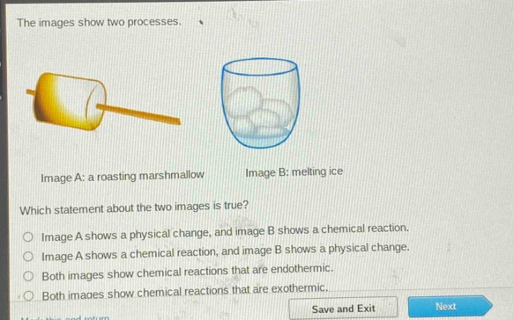 the images show two processes. image a: a roasting marshmallow image b: melting ice which statement about the two images is true? image a shows a physical change, and image b shows a chemical reaction. image a shows a chemical reaction, and image b shows a physical change. both images show chemical reactions that are endothermic. both images show chemical reactions that are exothermic.