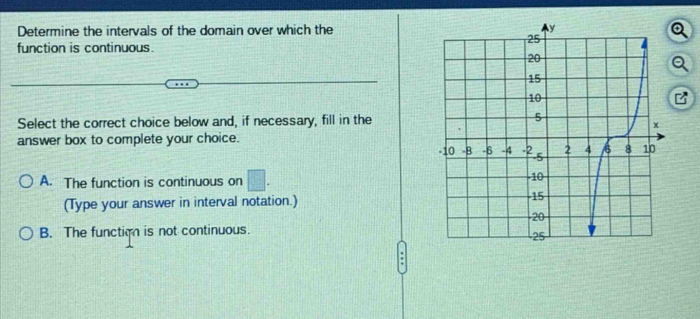 determine the intervals of the domain over which the function is continuous.\nselect the correct choice below and, if necessary, fill in the answer box to complete your choice.\na. the function is continuous on \n(type your answer in interval notation.)\nb. the function is not continuous.