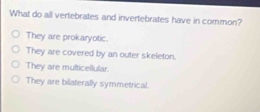 what do all vertebrates and invertebrates have in common?\no they are prokaryotic.\no they are covered by an outer skeleton.\no they are multicellular.\no they are bilaterally symmetrical.