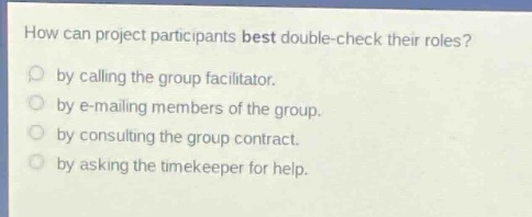 how can project participants best double - check their roles?\nby calling the group facilitator.\nby e - mailing members of the group.\nby consulting the group contract.\nby asking the timekeeper for help.