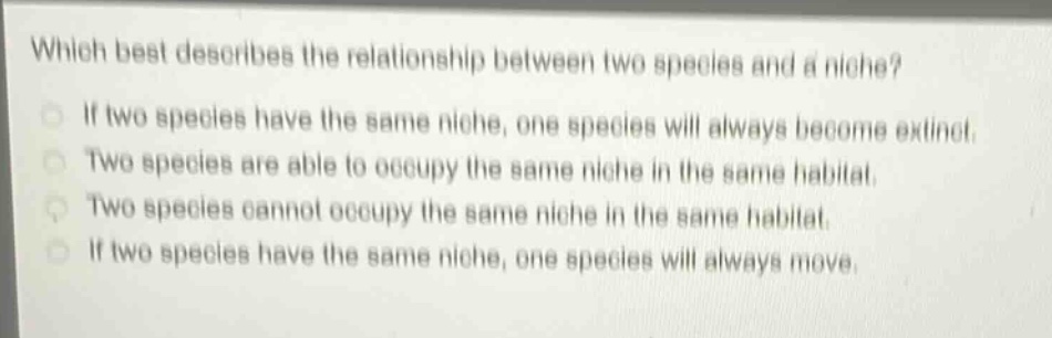 which best describes the relationship between two species and a niche? if two species have the same niche, one species will always become extinct. two species are able to occupy the same niche in the same habitat. two species cannot occupy the same niche in the same habitat. if two species have the same niche, one species will always move.