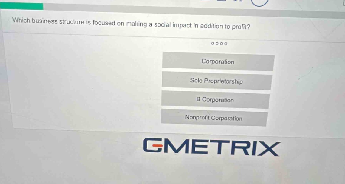 which business structure is focused on making a social impact in addition to profit? corporation sole proprietorship b corporation nonprofit corporation