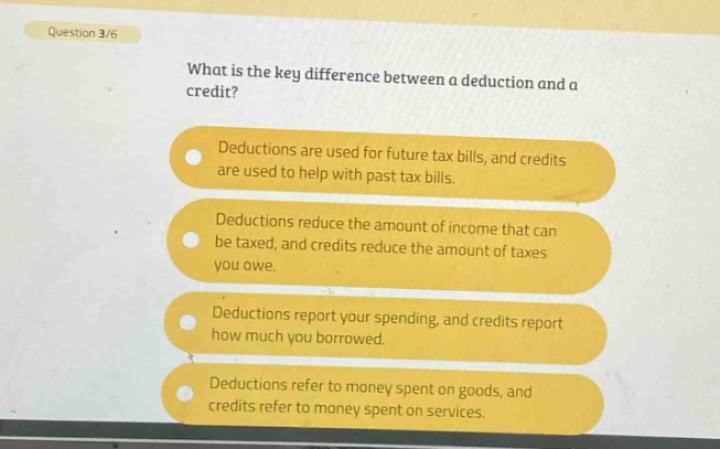 question 3/6\nwhat is the key difference between a deduction and a credit?\ndeductions are used for future tax bills, and credits are used to help with past tax bills.\ndeductions reduce the amount of income that can be taxed, and credits reduce the amount of taxes you owe.\ndeductions report your spending, and credits report how much you borrowed.\ndeductions refer to money spent on goods, and credits refer to money spent on services.