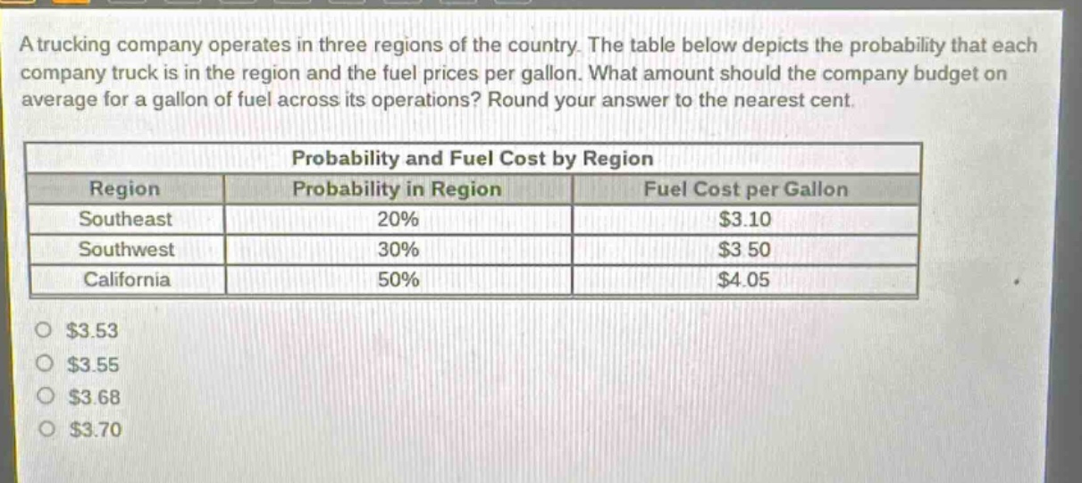 a trucking company operates in three regions of the country. the table below depicts the probability that each company truck is in the region and the fuel prices per gallon. what amount should the company budget on average for a gallon of fuel across its operations? round your answer to the nearest cent.\n\n| region | probability in region | fuel cost per gallon |\n| ---- | ---- | ---- |\n| southeast | 20% | $3.10 |\n| southwest | 30% | $3.50 |\n| california | 50% | $4.05 |\n\n$3.53\n$3.55\n$3.68\n$3.70