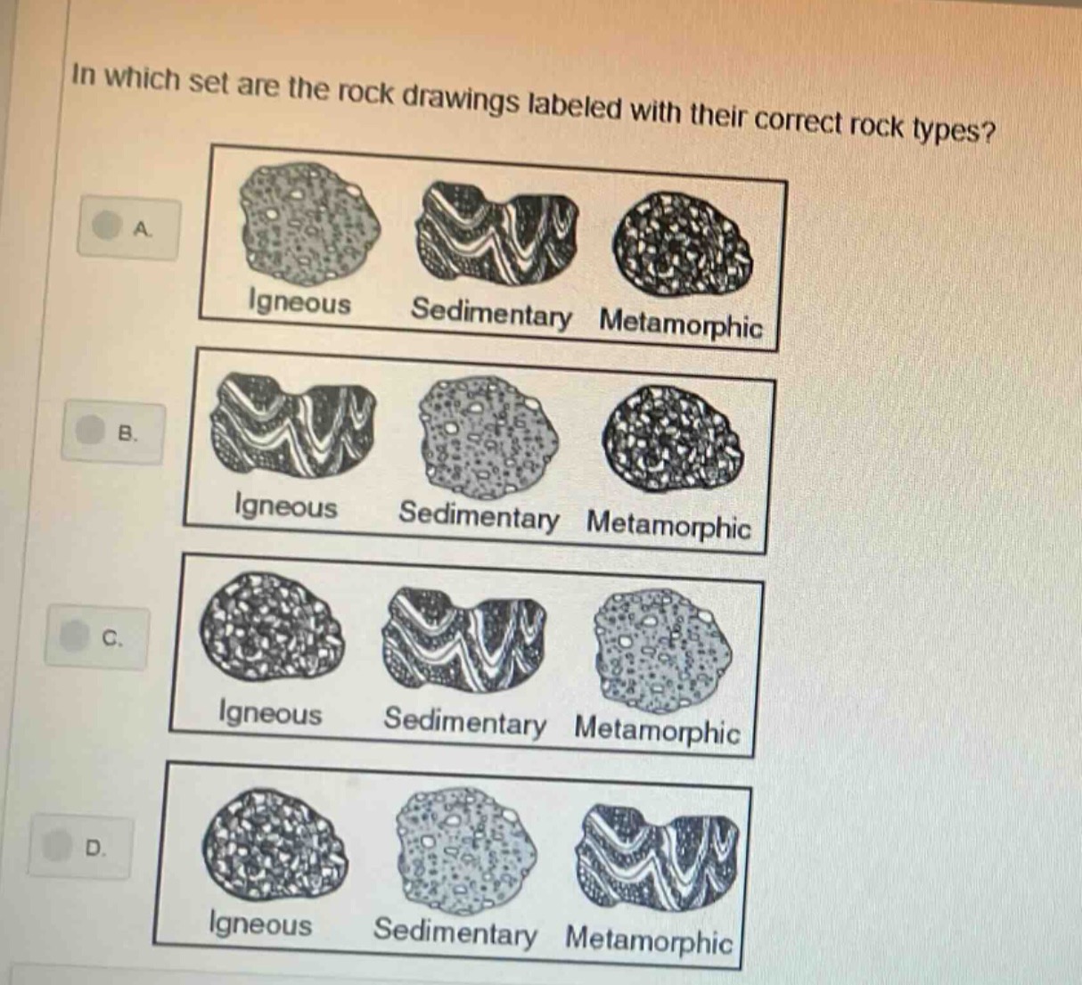in which set are the rock drawings labeled with their correct rock types? a. igneous sedimentary metamorphic b. igneous sedimentary metamorphic c. igneous sedimentary metamorphic d. igneous sedimentary metamorphic