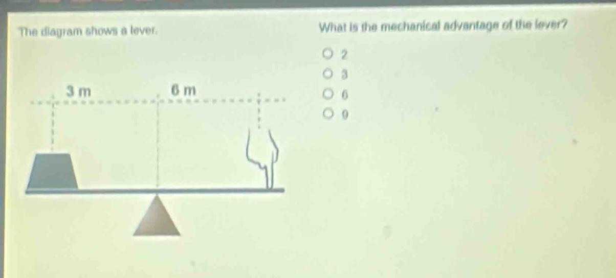 the diagram shows a lever. what is the mechanical advantage of the lever? 3 m 6 m 2 3 6 9