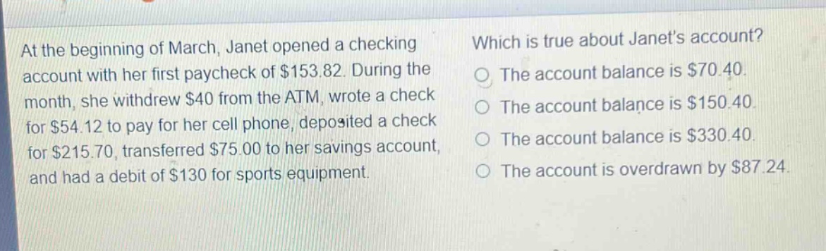 at the beginning of march, janet opened a checking account with her first paycheck of $153.82. during the month, she withdrew $40 from the atm, wrote a check for $54.12 to pay for her cell phone, deposited a check for $215.70, transferred $75.00 to her savings account, and had a debit of $130 for sports equipment. which is true about janets account? the account balance is $70.40. the account balance is $150.40. the account balance is $330.40. the account is overdrawn by $87.24.